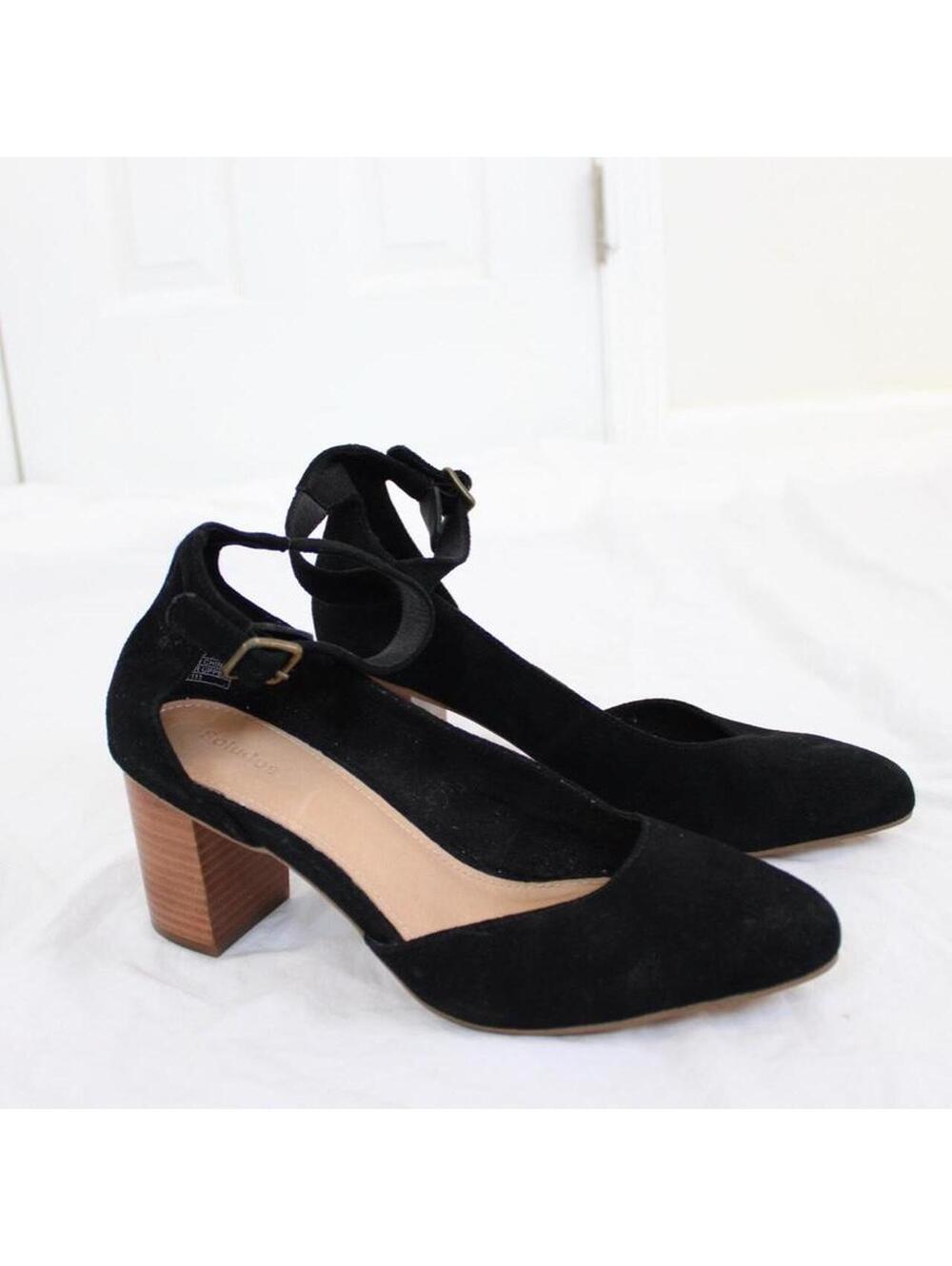 New Soludos Anthropologie Colette Black Suede Wood Block Heel Pumps Size 9.5